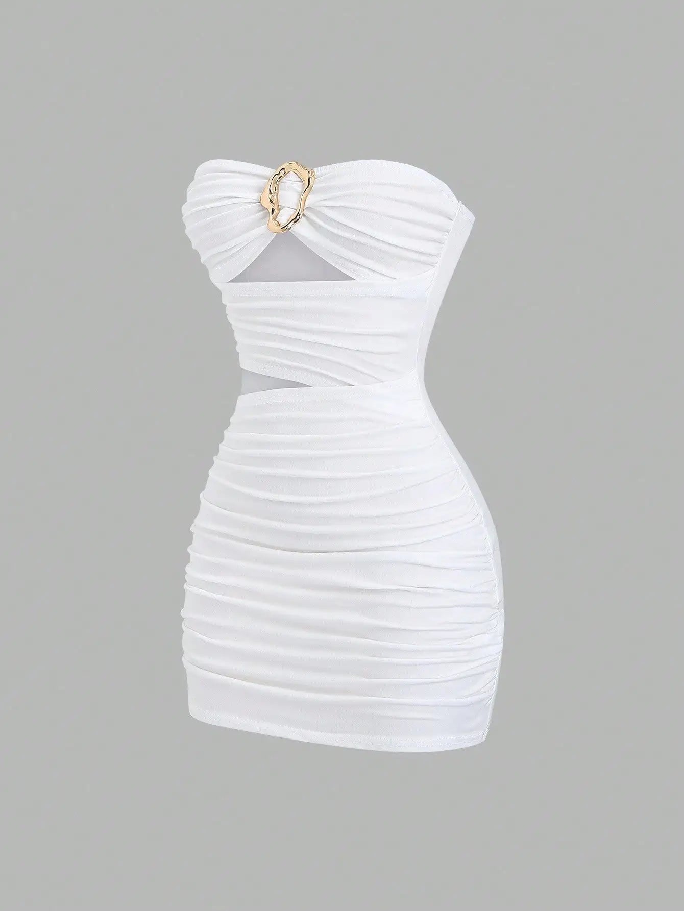 Ruched Strapless Mini Dress With Cutout Waist And Ornamental Metal Ring