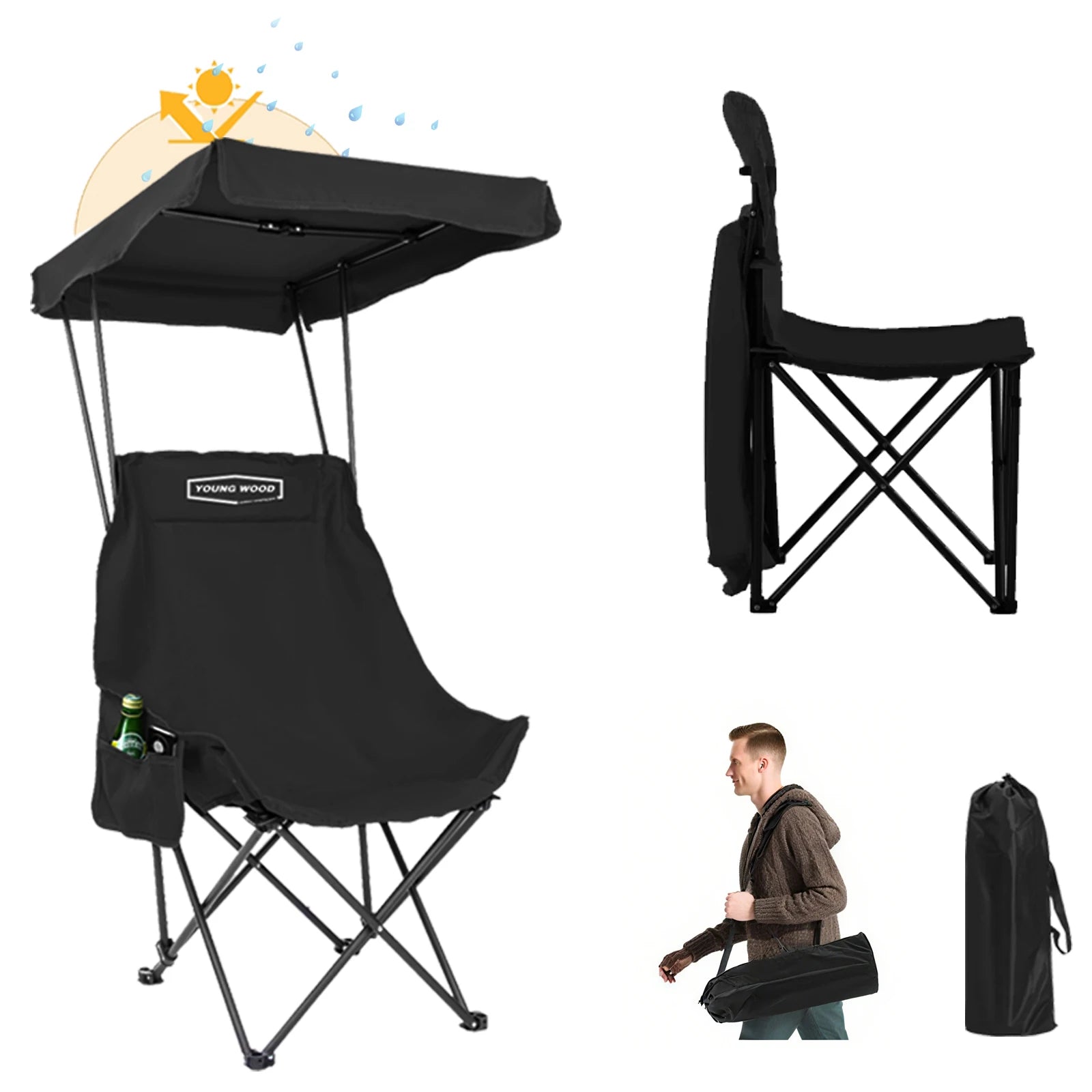 2PC Camping Chair Beach Chair With Shade Canopy YOUNG WOOD Portable , Fold Lightweight Oversized