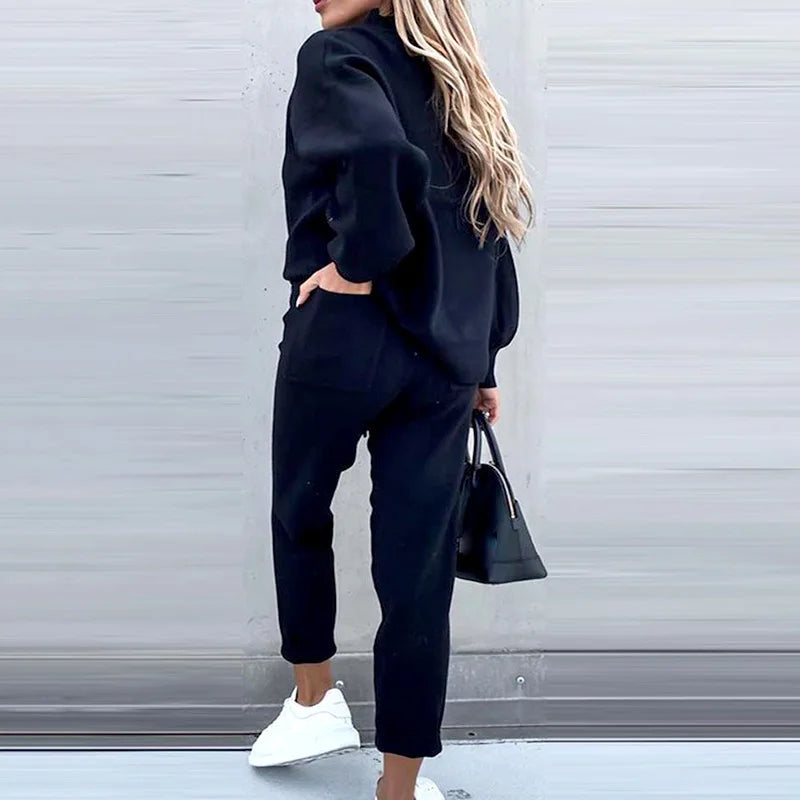 2Pcs Set Women Tracksuit Long Sleeve Pullover Warm Top Hoodie+Jogger Pants Solid Outfit Sport Suit Sets