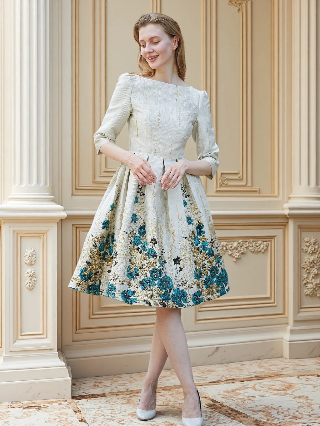 Luxury Embroidered Jacquard Dress with Fitted Waist and Flared Midi Hem Dates or Tea Parties