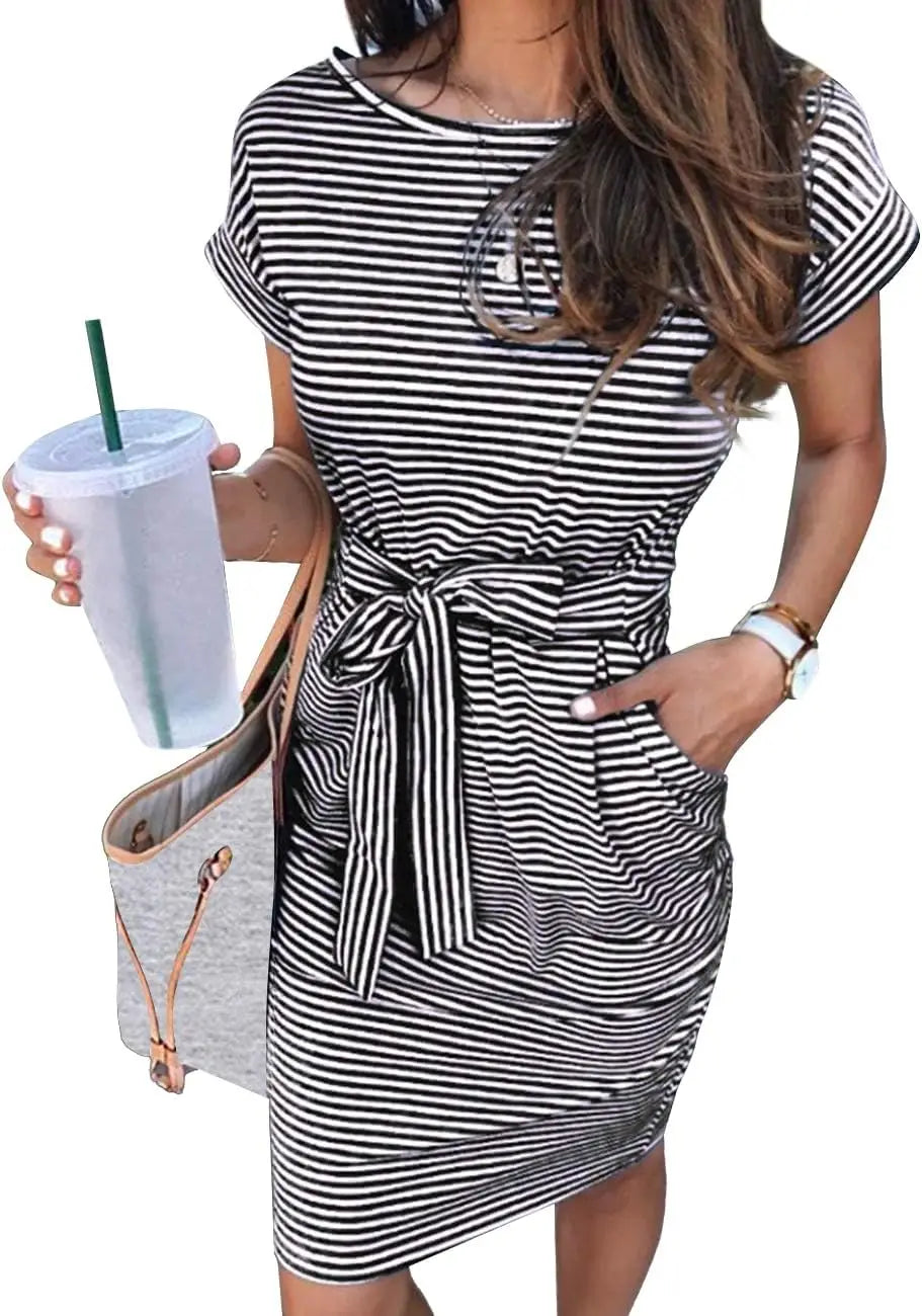 Casual T Shirt DrShort Sleeve Striped Tie Waist Work Vacation Trendy Short Dresses