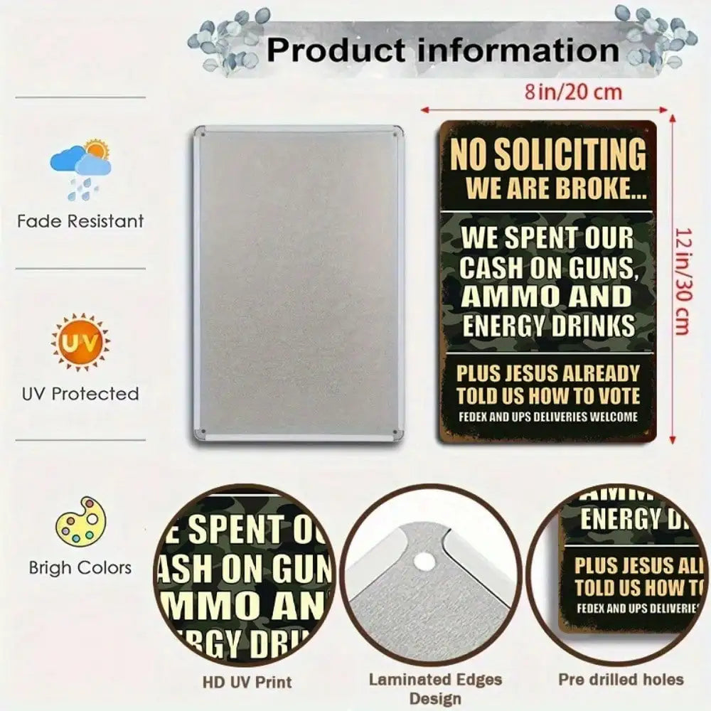 1PC Tin Sign No Soliciting Warning - Humorous Anti-Solicitation For Home/Office, 8x12 Inches/20x30 Cm