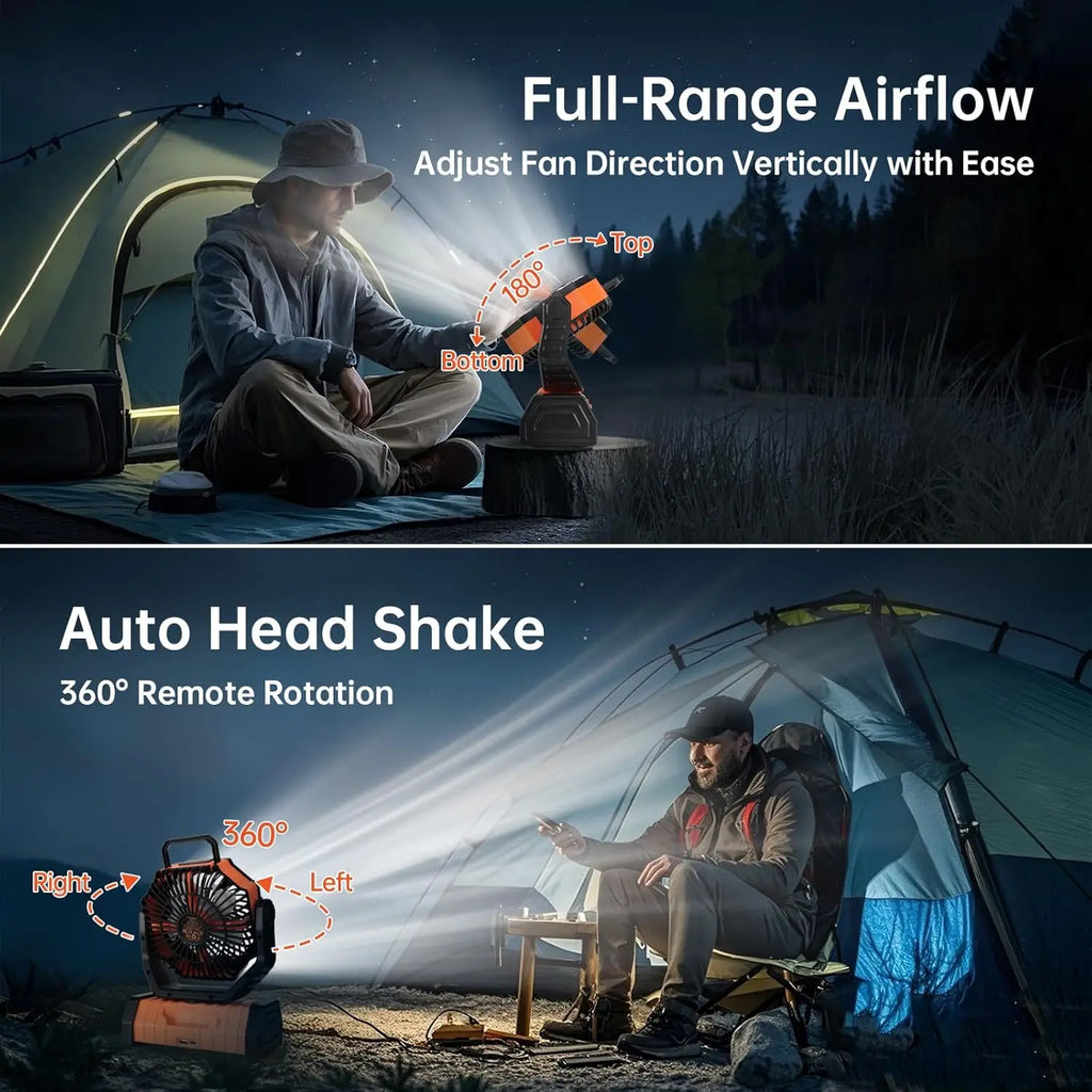 20000mAh Rechargeable Fan: 360° Head, 4 Speeds, LED, Quiet for Outdoor/Home.