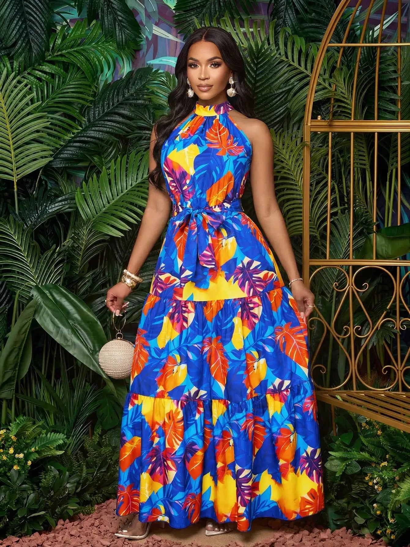 Women's Halter Neck Floral Print Tiered Maxi Dress With Belt Flowy Vacation Dress