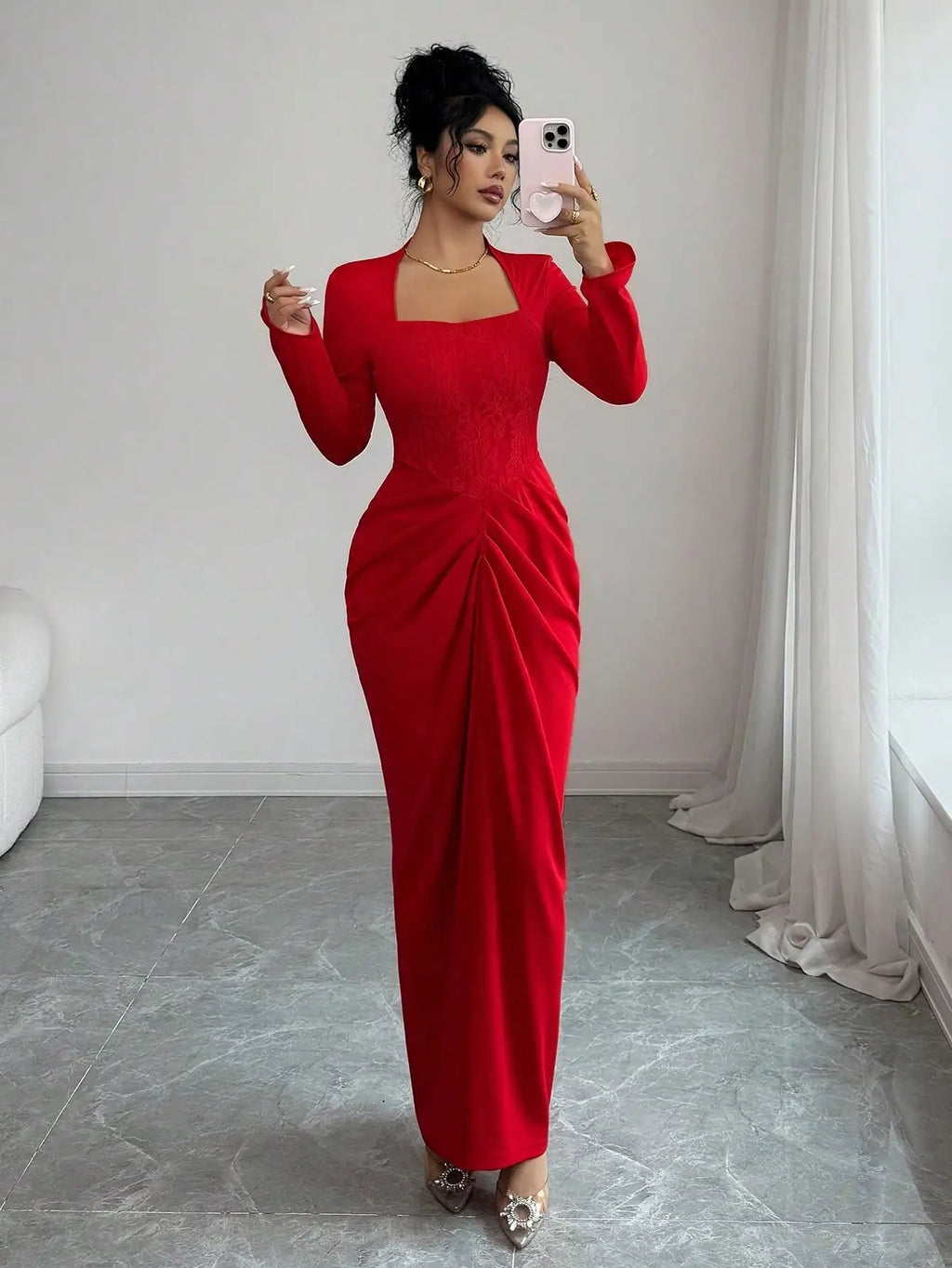Red Lace Panel Square Neck Long Sleeve Fitted Maxi Dress with Ruched Skirt
