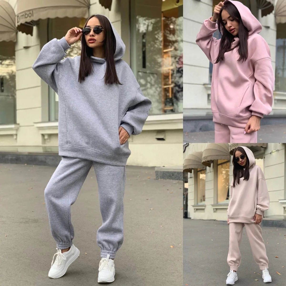 Women Fleece Two Piece Sets Elegant Solid Color Oversized Warm Hoodies and Long Pant