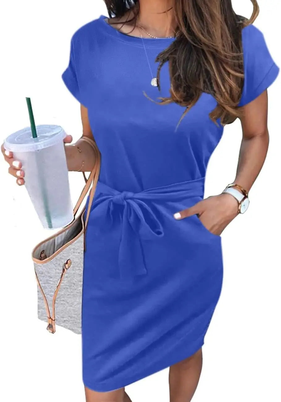 Casual T Shirt DrShort Sleeve Striped Tie Waist Work Vacation Trendy Short Dresses