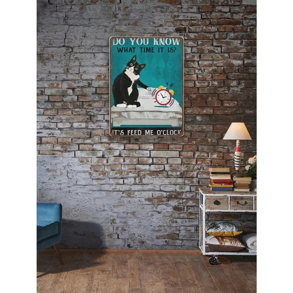 1pc Funny Cat Quote Metal Decor: 8x12 Inch Vintage! "Feed Me O'clock" Tuxedo Poster For Home Wall Art | Local Delivery