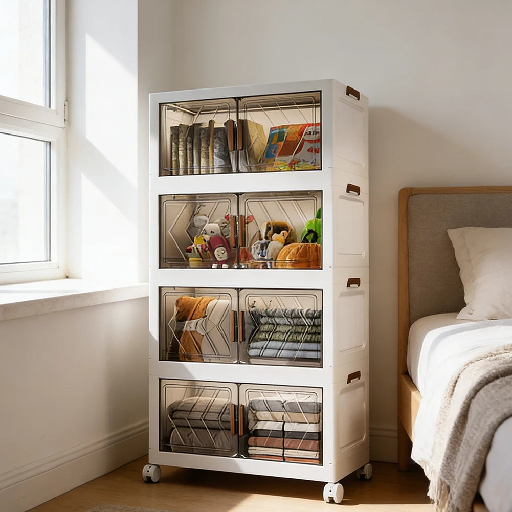 4 Tier Folding Storage Boxes with Doors & Wheels Plastic Storage Containers Foldable Organization
