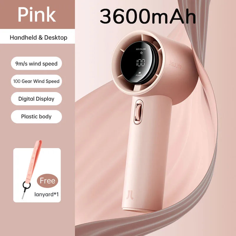 JISULIFE Mini Portable Hand Fan, 100 Wind Speeds, 5000mAh USB Battery Rechargeable, LED Digital Display