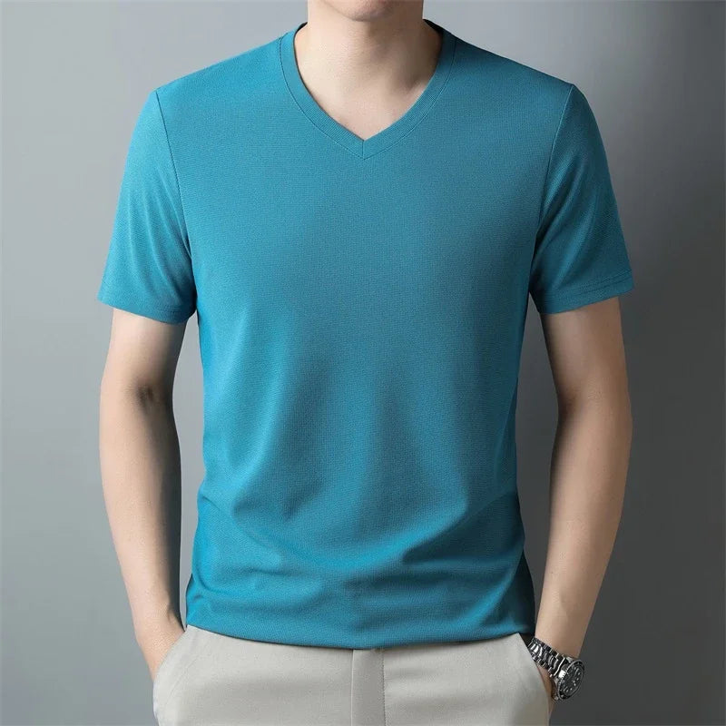 Men's New Waffle V Neck Short Sleeved T-shirt Summer Comfortable Top