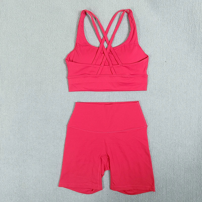 2-Piece Yoga Set Tights Shorts For Woman Cross Back Bra Top + High Waist Shorts Fitness Running Workout Tracksuit