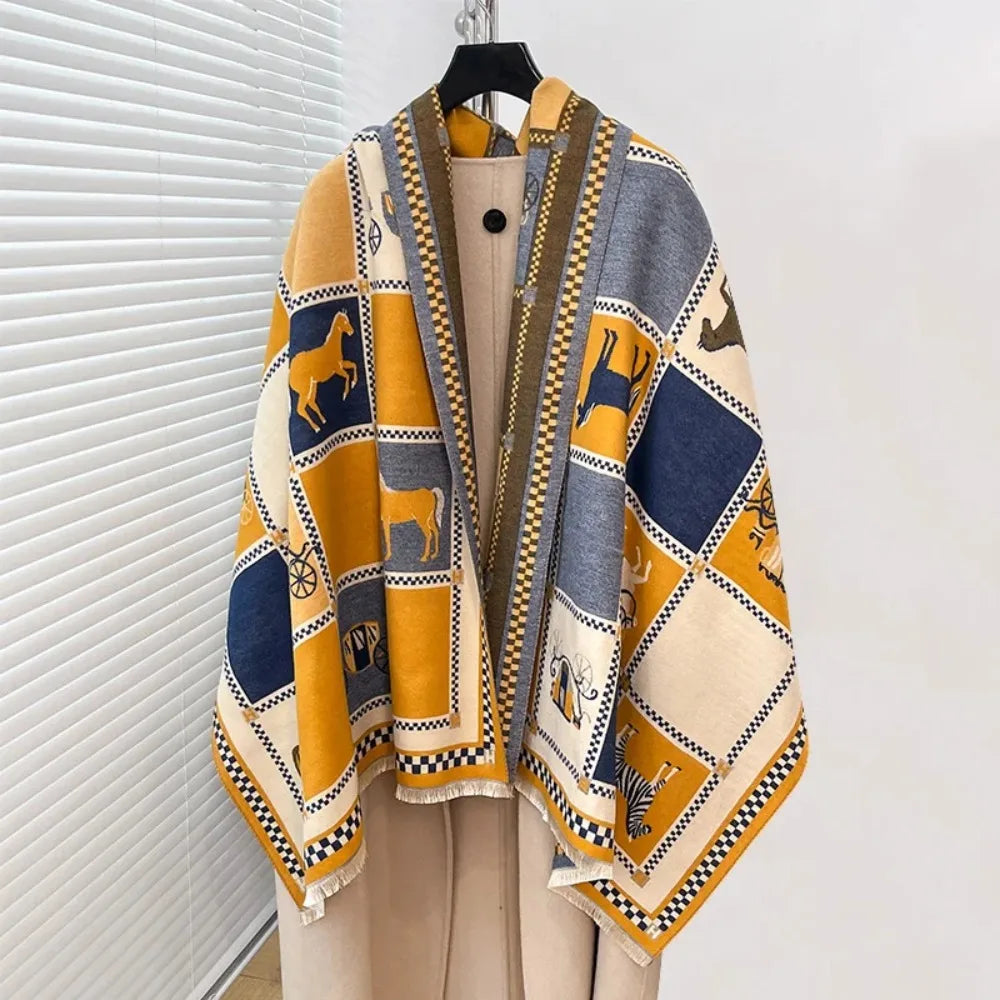 Poncho Cashmere Winter Women Scarf Horse Print Shawl Wrap
