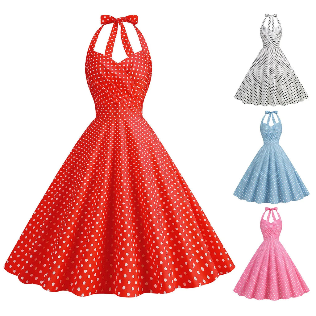 Vintage Polka Dot Dress for Women Lady Halter Neck Party 50s 60s Rockabilly Pin Up Dress Tunic Swing Cocktail Dress
