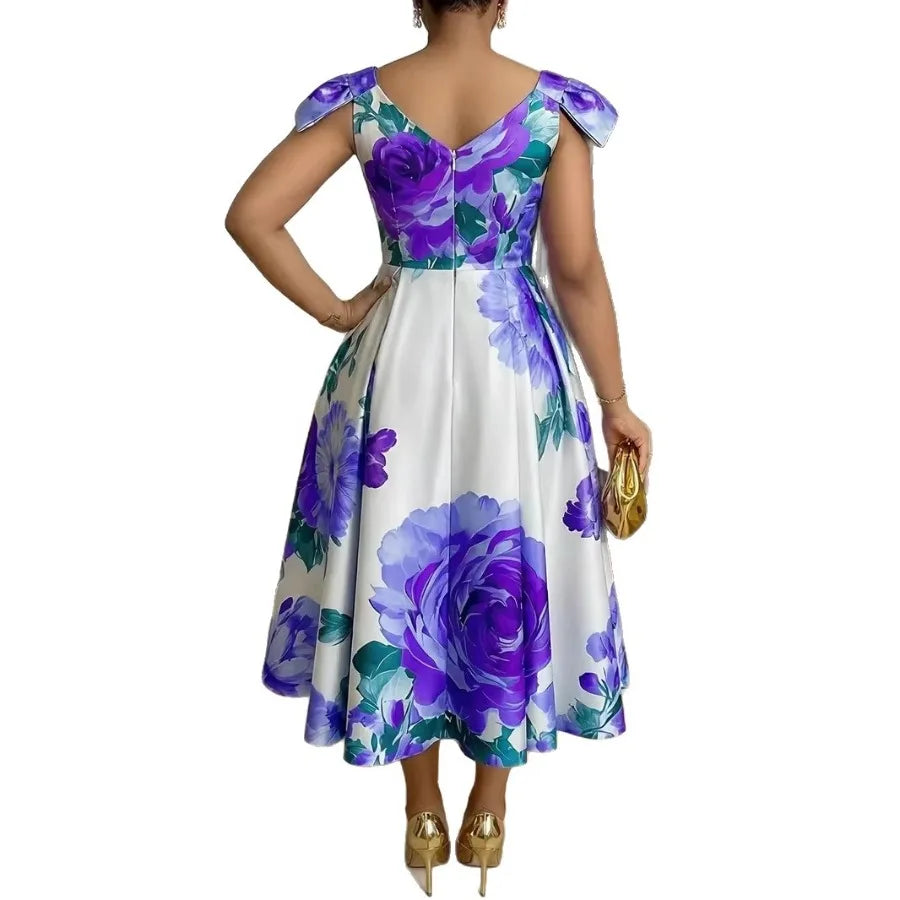 French orange blossom print dress, ruffled neckline, elegant vacation style, slimming and waist