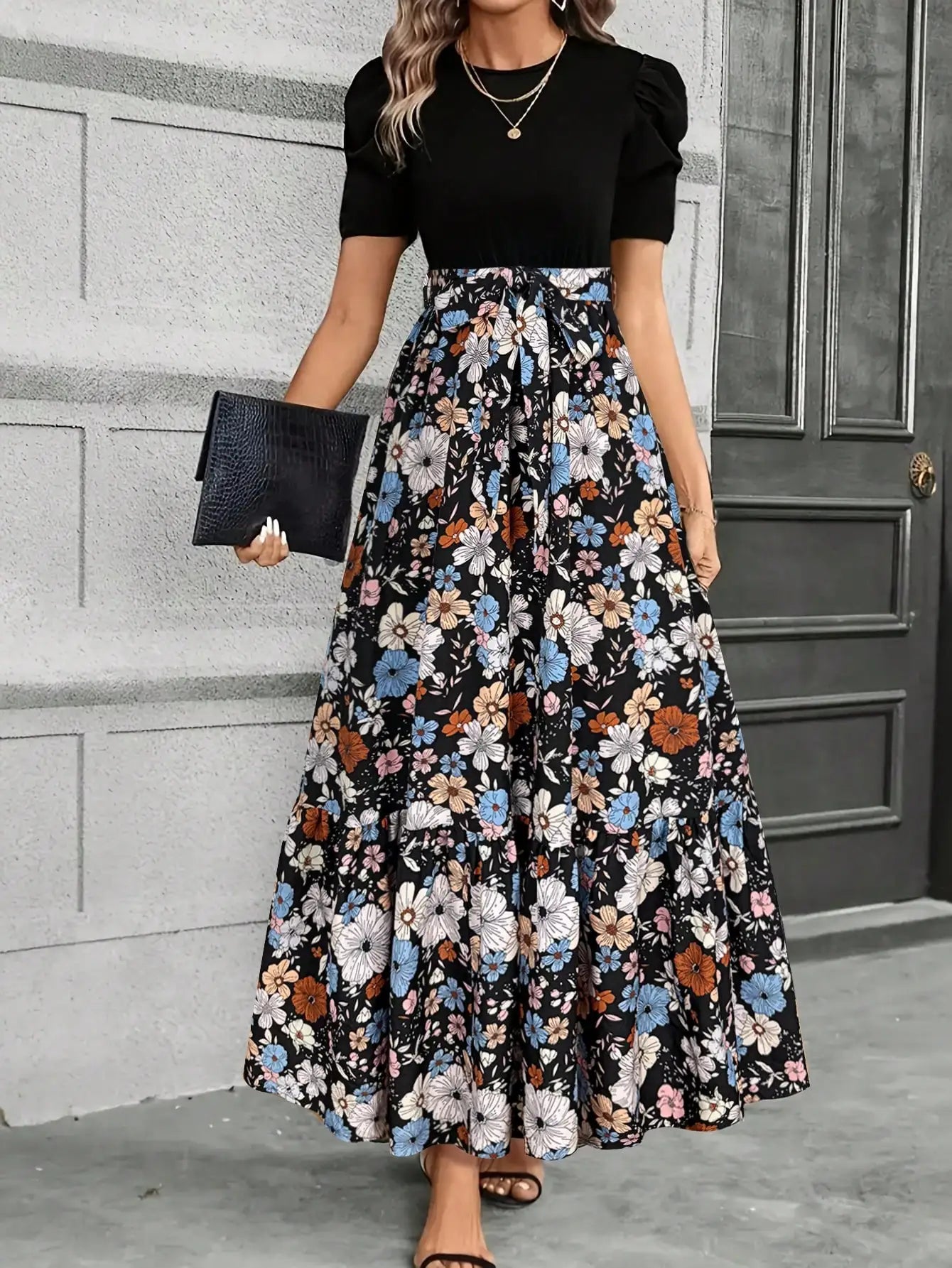 Elegant A-Line Dress with Puff Sleeves, Bow Waist, Leaf Print, Round Neck, Lightweight for Spring Summer