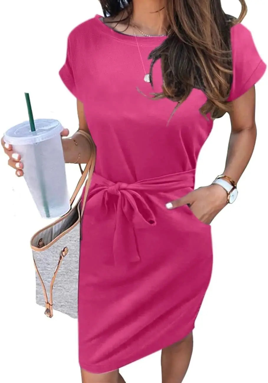 Casual T Shirt DrShort Sleeve Striped Tie Waist Work Vacation Trendy Short Dresses