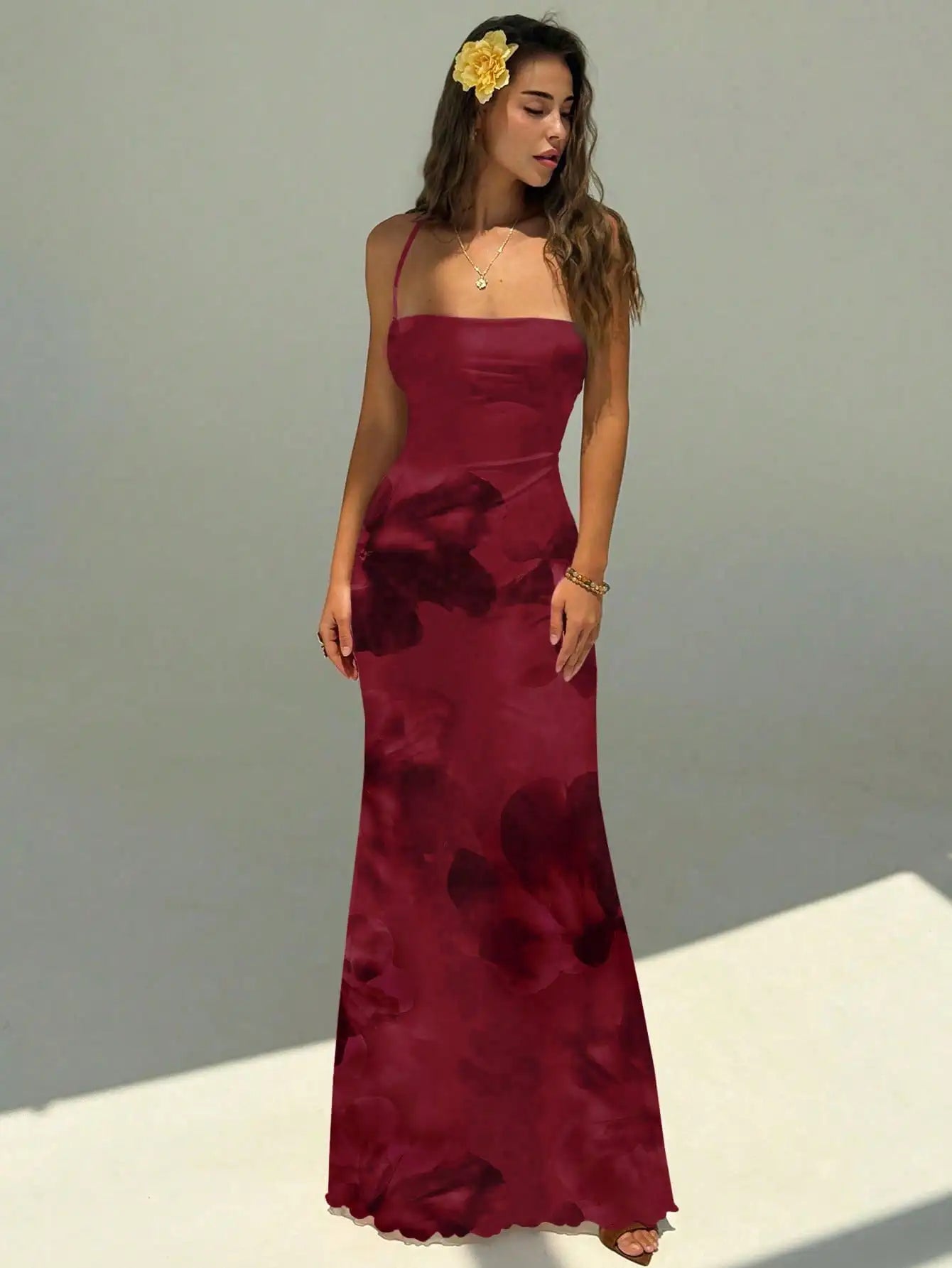 Womens Backless Strappy Maxi Dress With Floral Ombre Tie-Dye Print For Summer Beach Festival