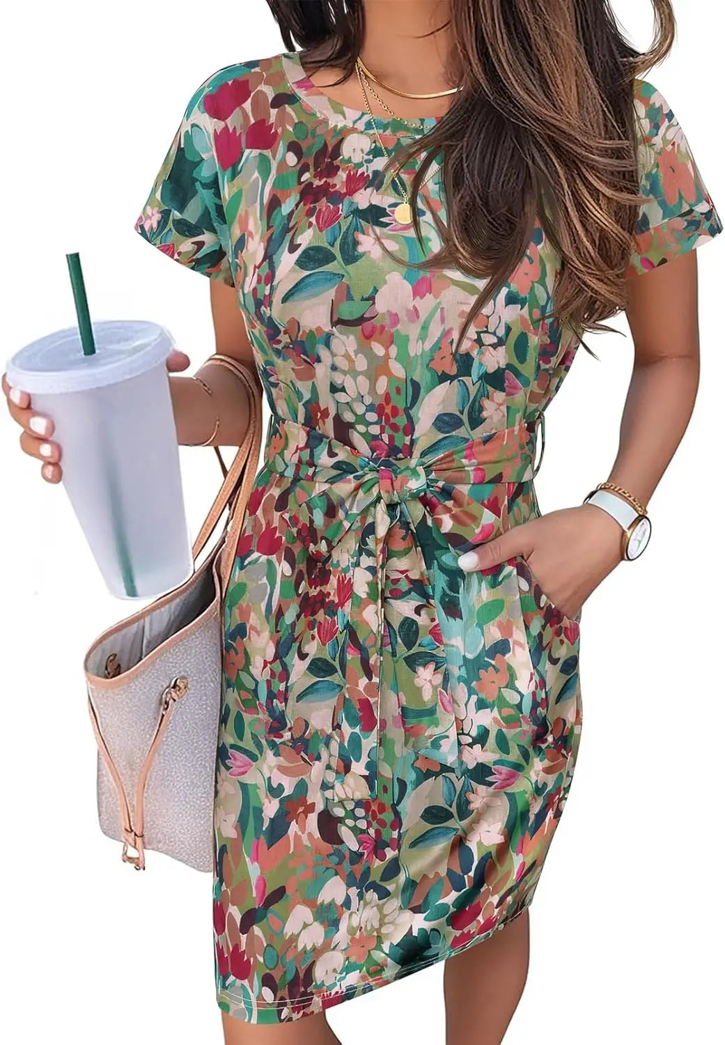 Casual T Shirt DrShort Sleeve Striped Tie Waist Work Vacation Trendy Short Dresses
