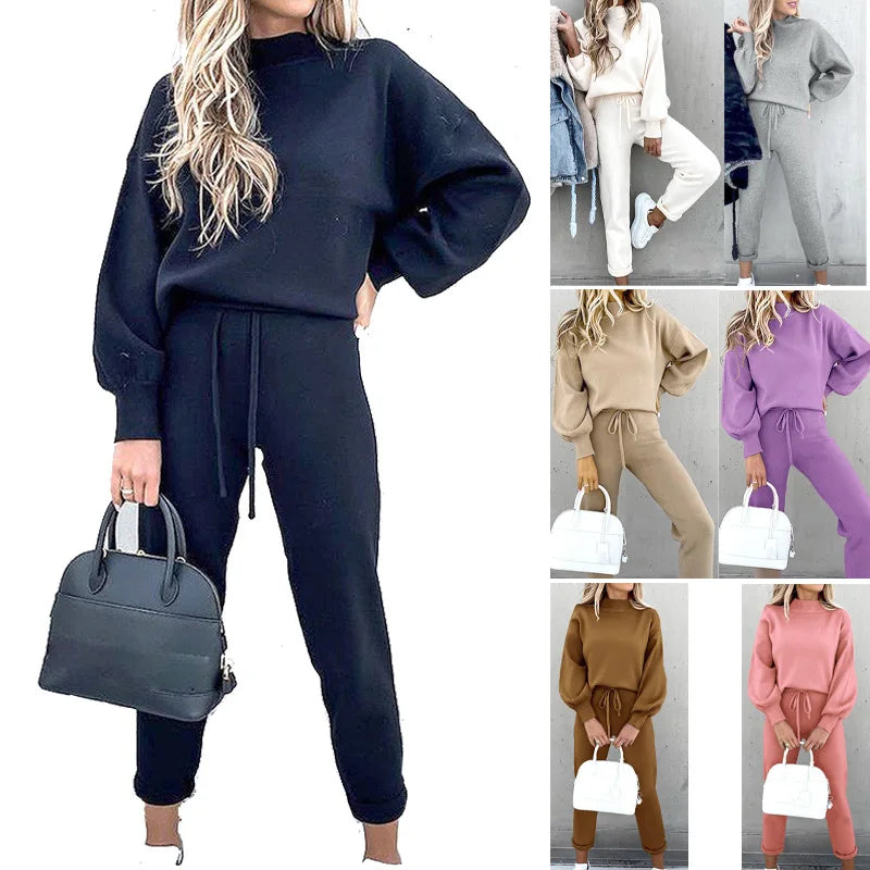 2Pcs Set Women Tracksuit Long Sleeve Pullover Warm Top Hoodie+Jogger Pants Solid Outfit Sport Suit Sets