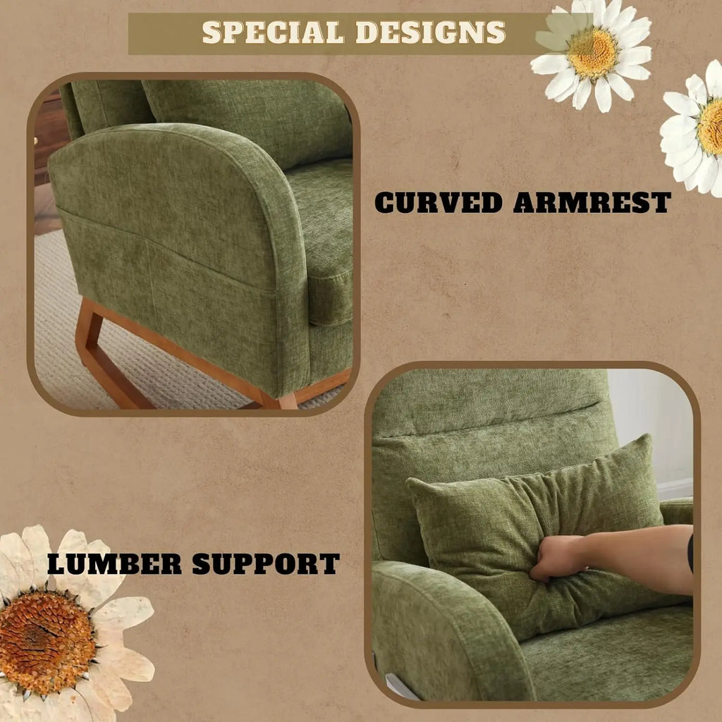Olive Chenille Rocking Chair Nursery with Thick Headrest, Upholstered Mid-Century Modern Nursing Rocker