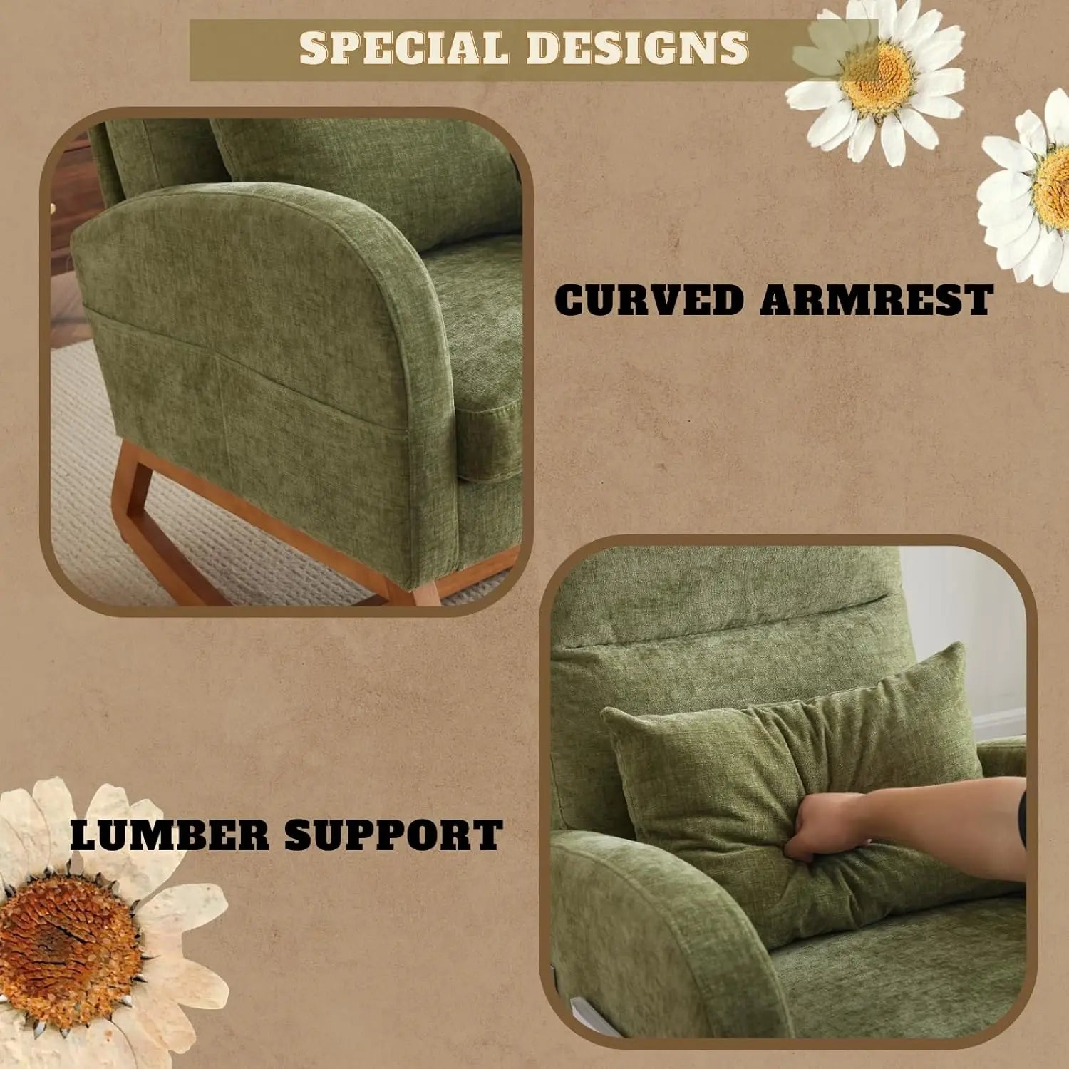 Olive Chenille Rocking Chair Nursery with Thick Headrest, Upholstered Mid-Century Modern Nursing Rocker