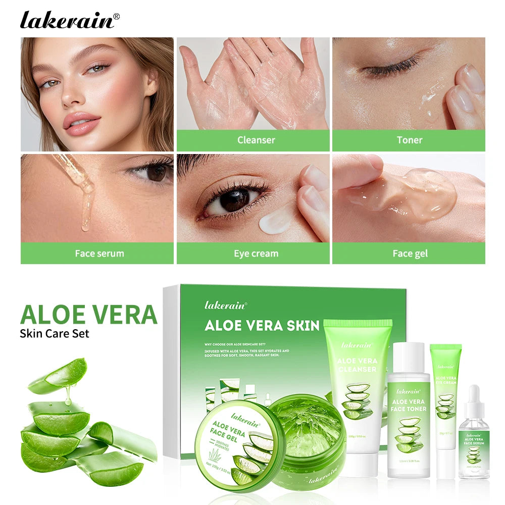 Aloe Vera Skin Care Set Deep Hydration Smooth Delicate Skin Fast-absorbing Formula Cleanser Toner Serum Lip Blam Kit