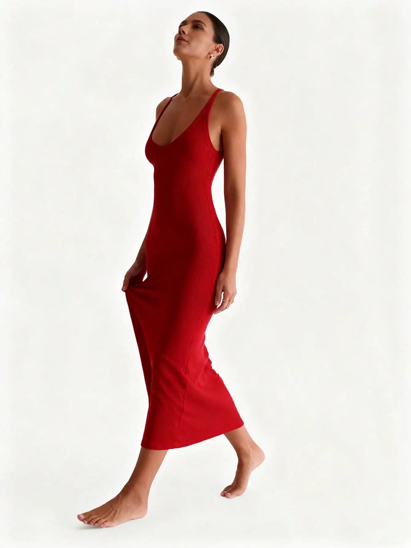 Ribbed Knit V-Neck Maxi Dress With Criss-Cross Back, Stretch Bodycon Fit For Evening Or Summer