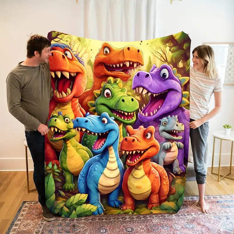 cartoon cute little dinosaur print flannel blanket - sofa cover, office, travel
