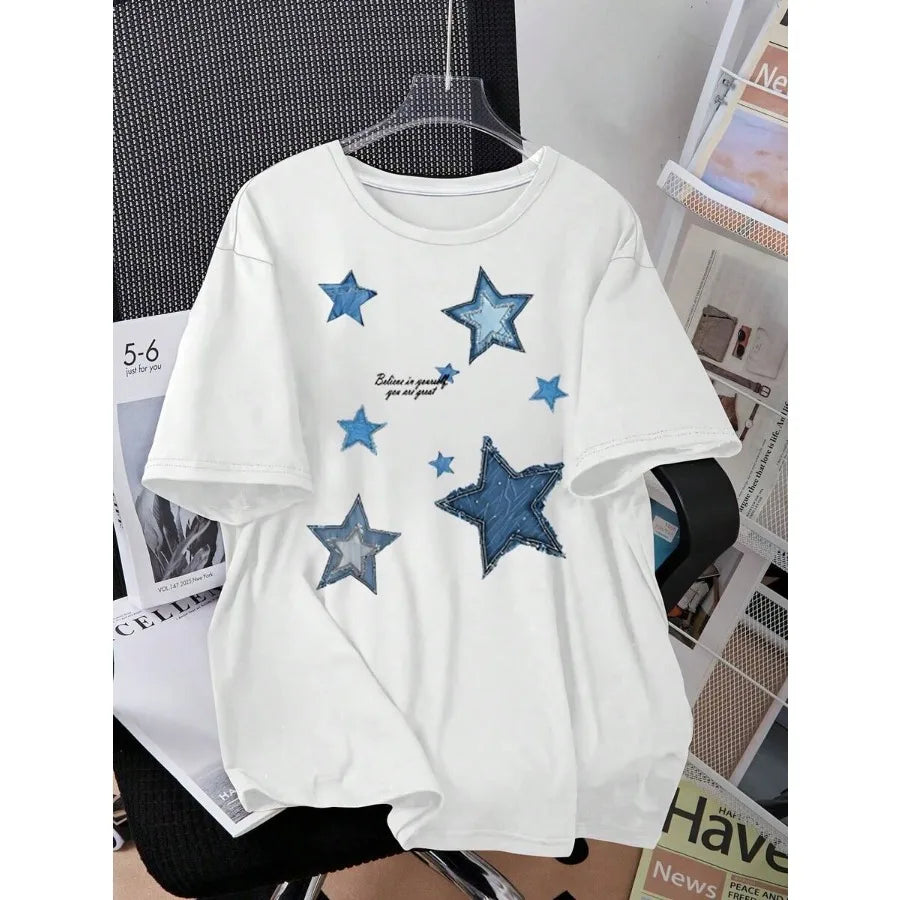 Retro Blue Stars and Letter Slogan Print Crew Neck T-Shirt - Casual Short Sleeve Top Machine Washable