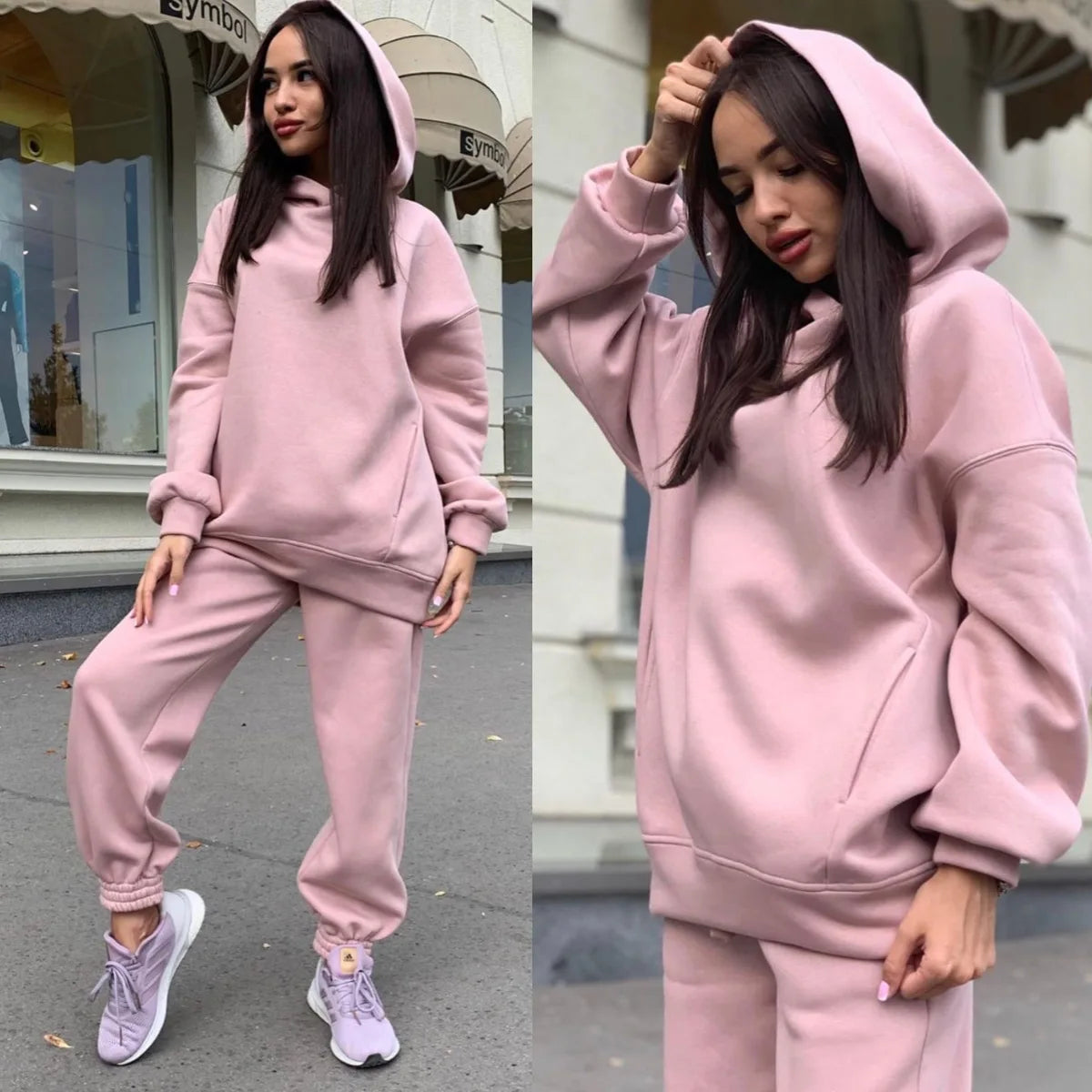 Women Fleece Two Piece Sets Elegant Solid Color Oversized Warm Hoodies and Long Pant