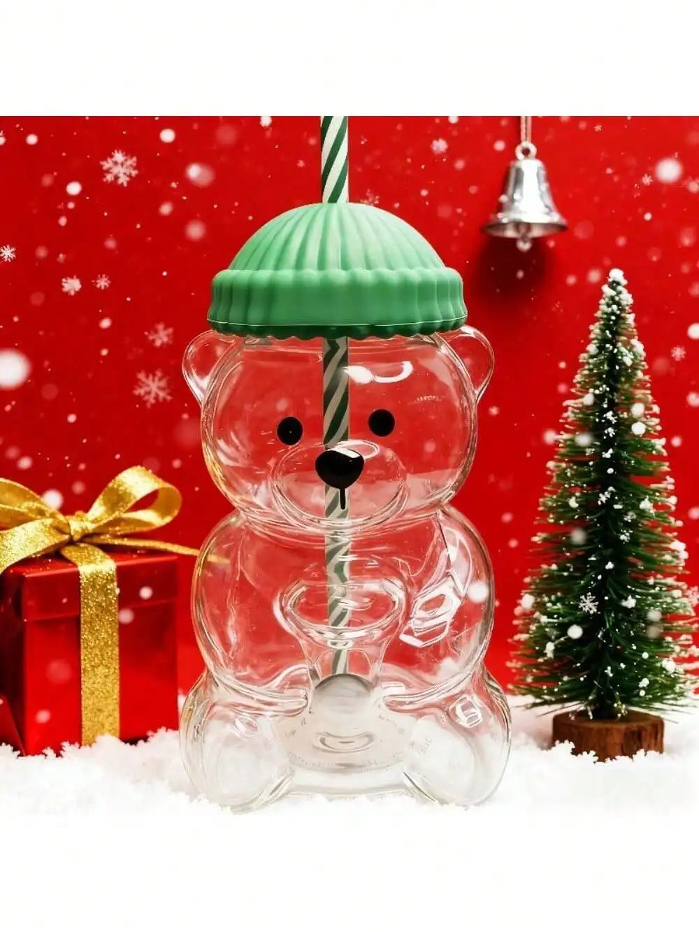 Mini Bear-Shaped Glass Cup With Pink Hat Lid & Straw
