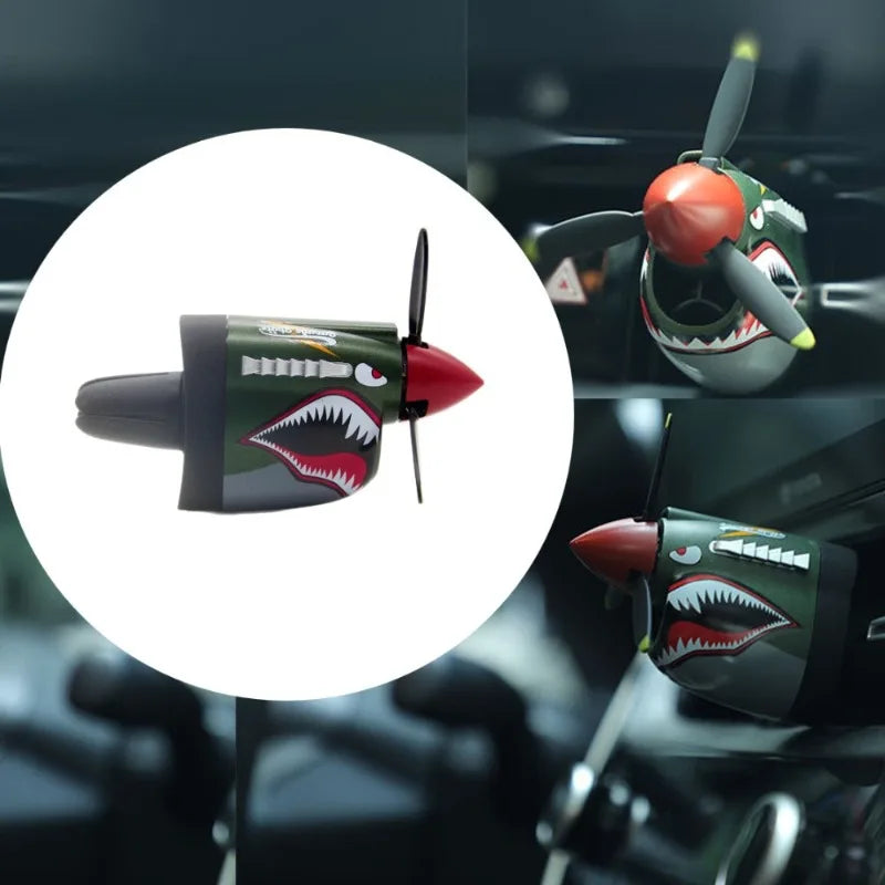 P-40 fighter car air freshener, tribute to mechanical classics. Eye-catching propeller design, ideal gift.