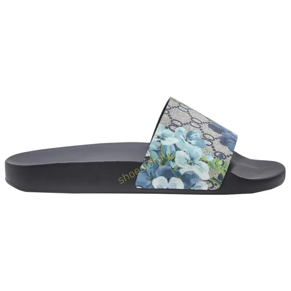 Designer Slippers Fashion Flat Slides Mens Womens claquettes Rubber Slide Sandal Black White Blooms Floral Flat Gear