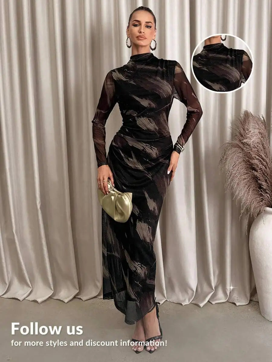 Women's Asymmetrical Ruched Mesh Knit Midi Dress with Gradient Print