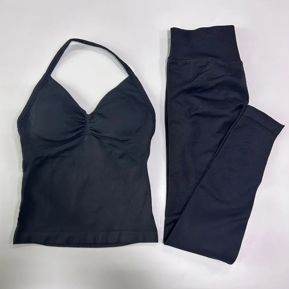 No Logo Seamless Gym Set Women Tank Tops High Waist Yoga Leggings Fitness Clothes Workout Sets Gym Suit Activewear
