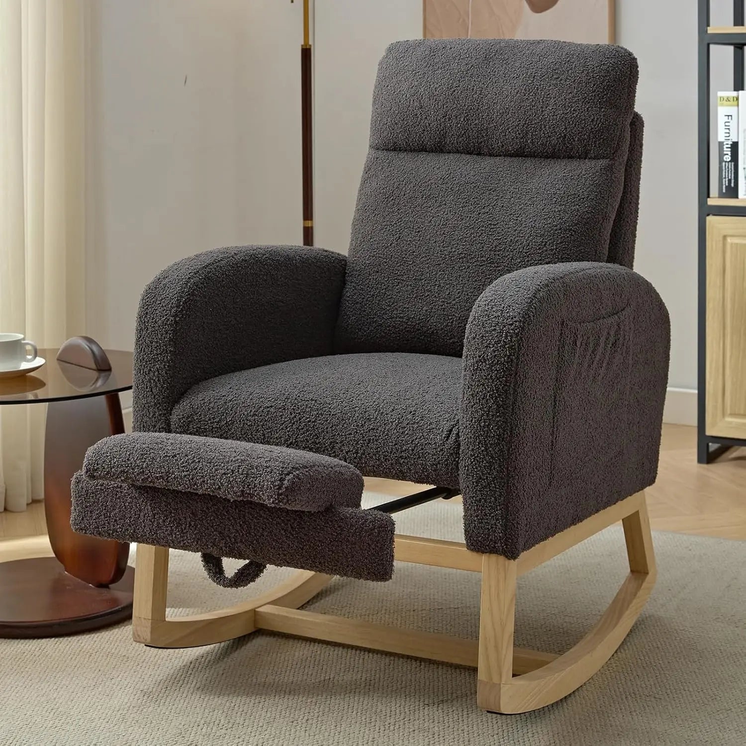 Modern Nursery Rocking Chair, Teddy Upholstered Rocking Chair with Footrest, Comfortable Rocker Recliner