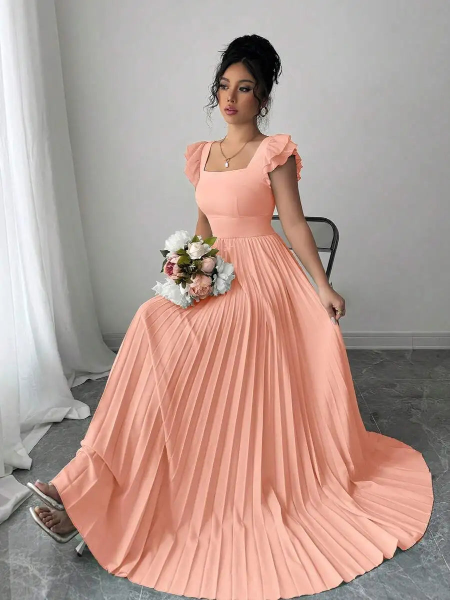 Elegant Mint Green Square Neck Ruffled Sleeve Pleated Maxi Dress