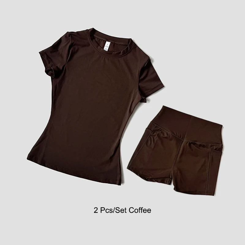 Women's Sports Yoga Set Seamless Knitted Fitness Gym Clothes Sportswear Short Sleeve Crop Top