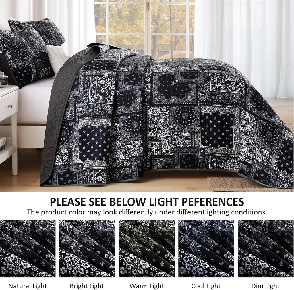 King Size Patchwork Quilt Set, Black Grey Bedspread with Paisley Floral Design, Soft Microfiber 110"x90"