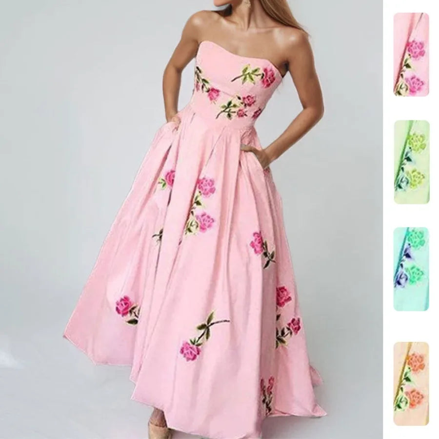 Sleeveless printed dress elegant high-waisted tube top dress long dress