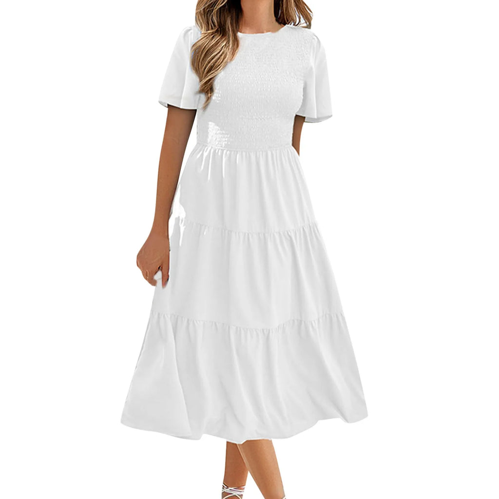 Flutter Short Sleeve V Neck Smocked Elastic Waist Tiered Midi Dress
