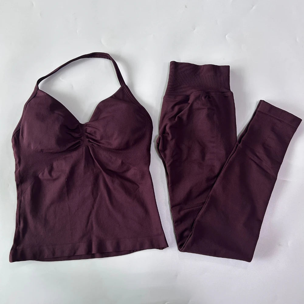 No Logo Seamless Gym Set Women Tank Tops High Waist Yoga Leggings Fitness Clothes Workout Sets Gym Suit Activewear