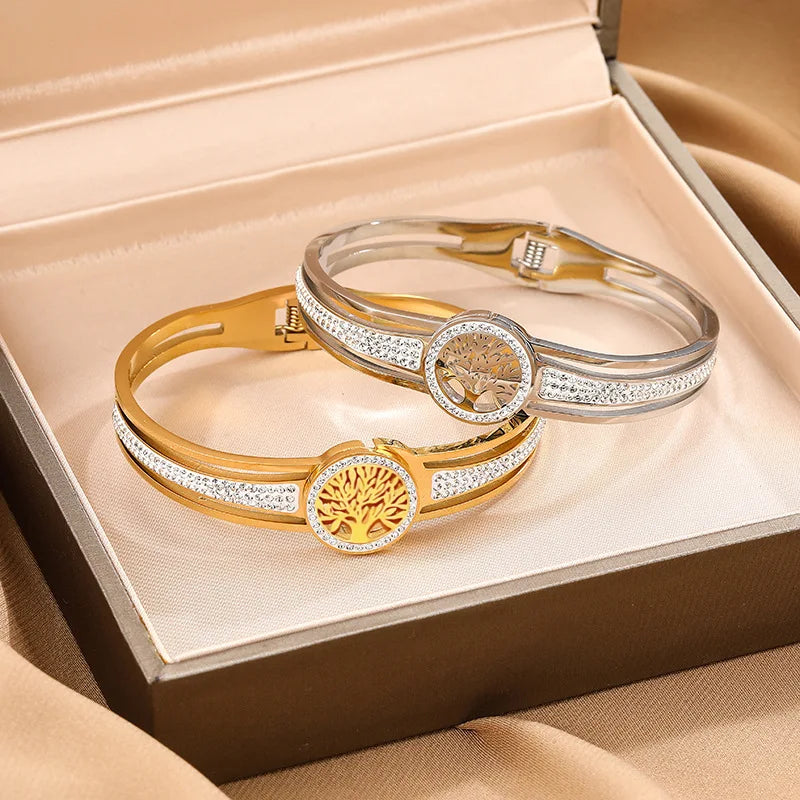Hollow Tree Bracelet Full CZ Round  Stainless Steel Color-preserving Jewelry