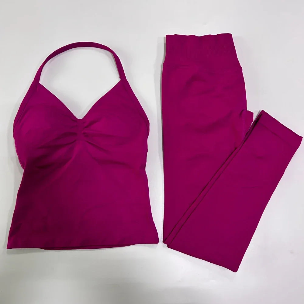 No Logo Seamless Gym Set Women Tank Tops High Waist Yoga Leggings Fitness Clothes Workout Sets Gym Suit Activewear