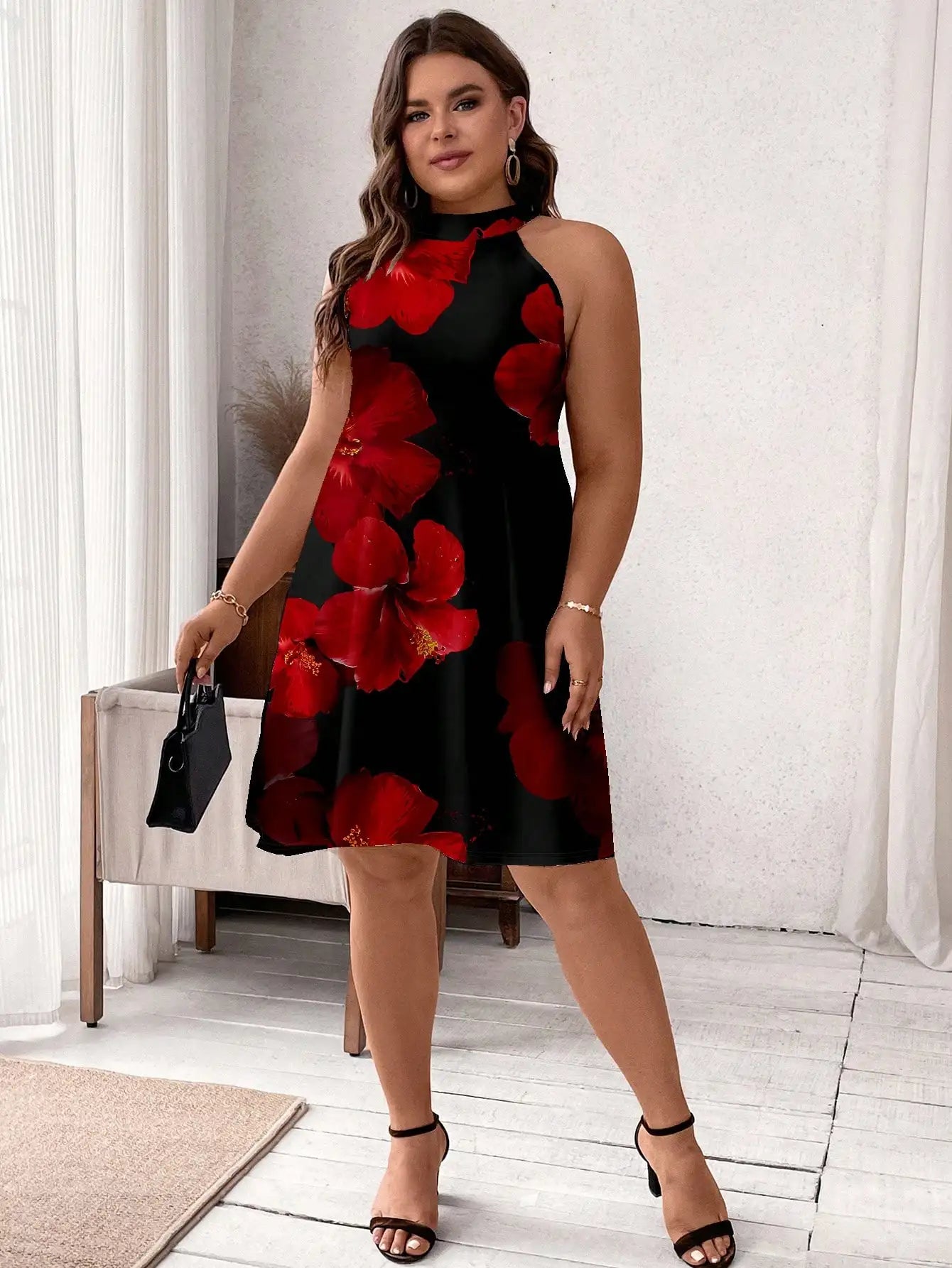 Plus Size Red Tropical Floral Print Halter Neck A-Line Dress For Summer
