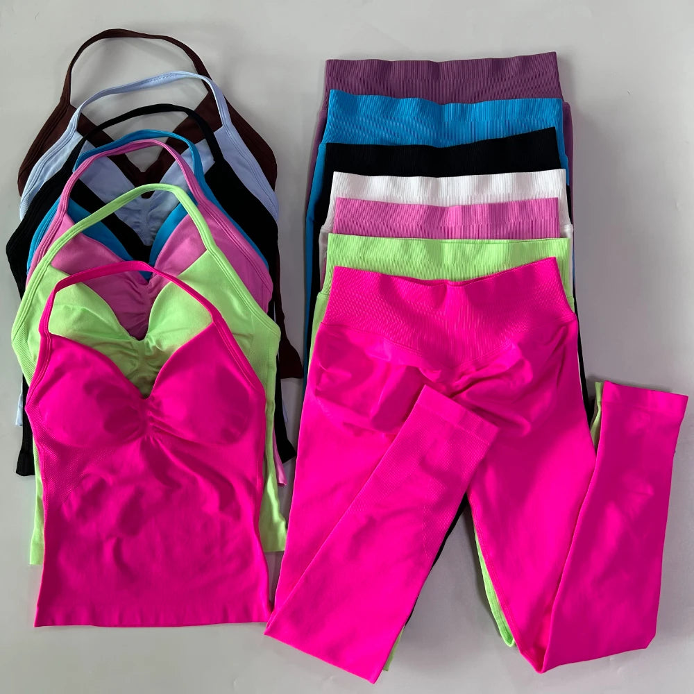 No Logo Seamless Gym Set Women Tank Tops High Waist Yoga Leggings Fitness Clothes Workout Sets Gym Suit Activewear
