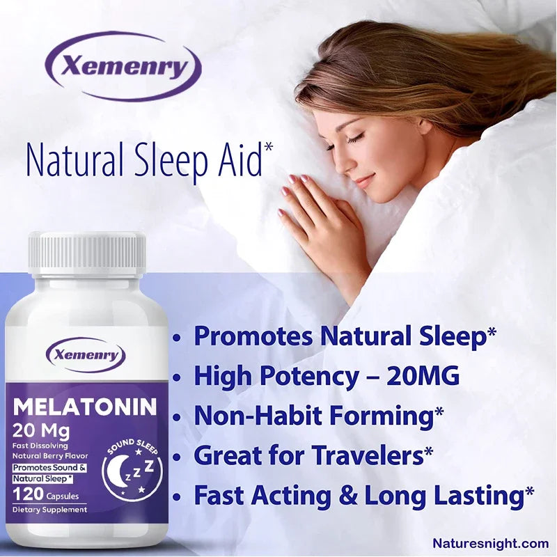 Melatonin Capsules 20mg - Aids Sleep, Improves Sleep Quality, Promotes Deep Sleep - 120 Capsules