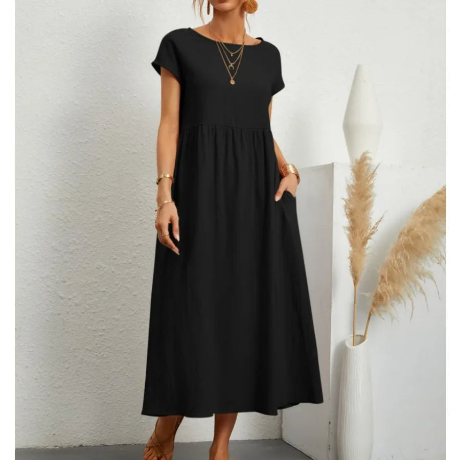 solid color sleeveless loose linen pocket women's dress in stock