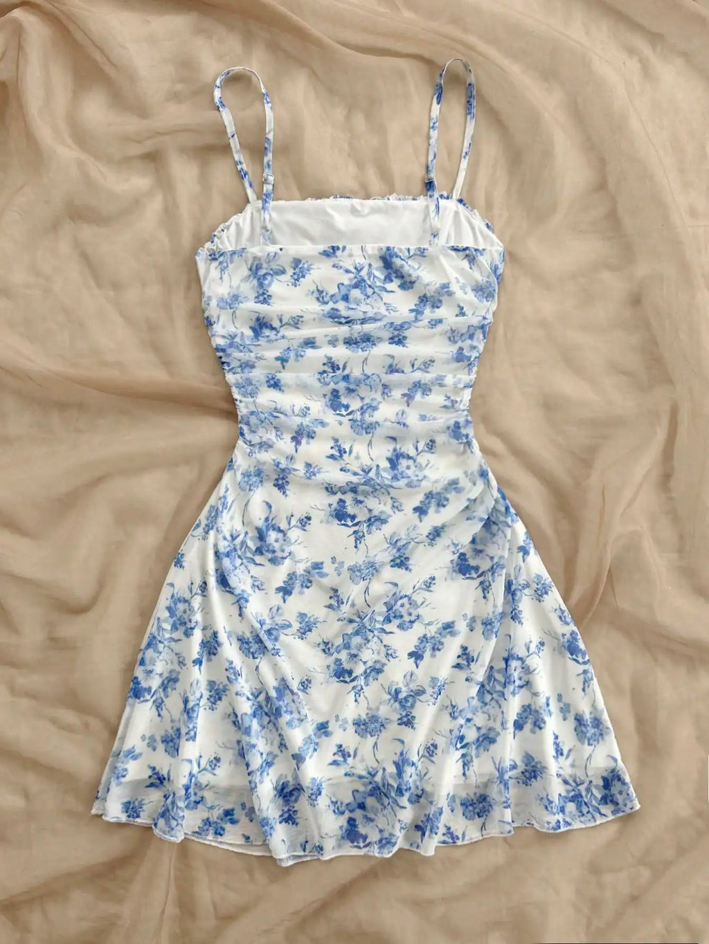 Blue and White Floral Print Ruched Strap Dress for Teen Girls, Summer Casual Style